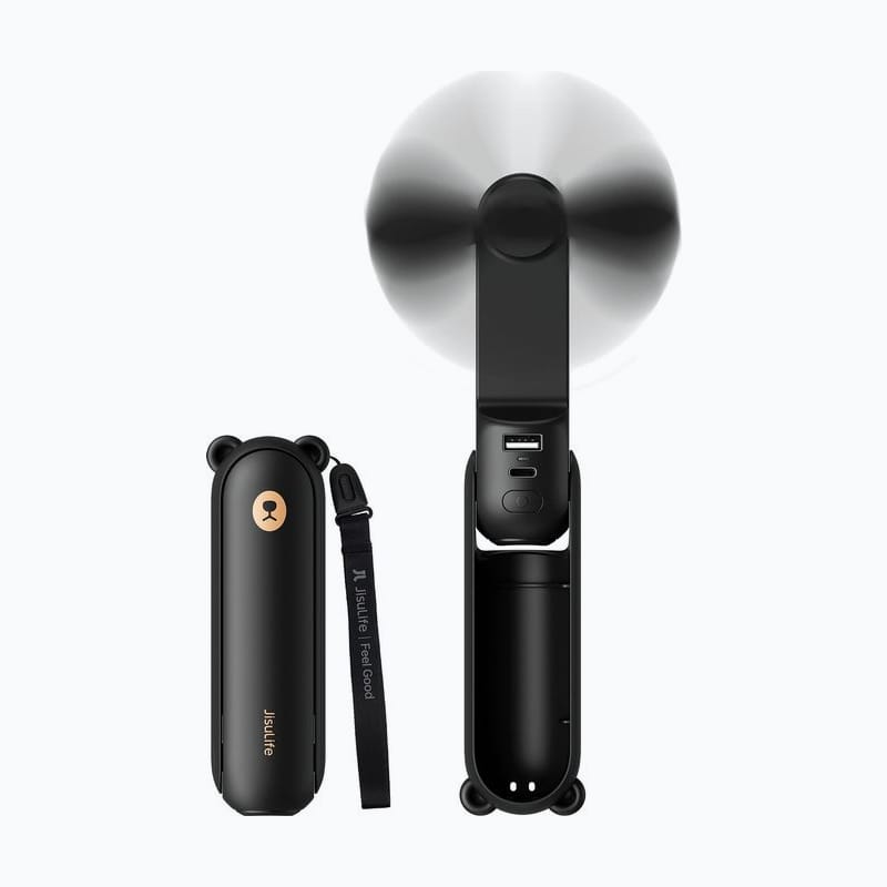 Black handheld fan with a folding stand and a wrist strap
