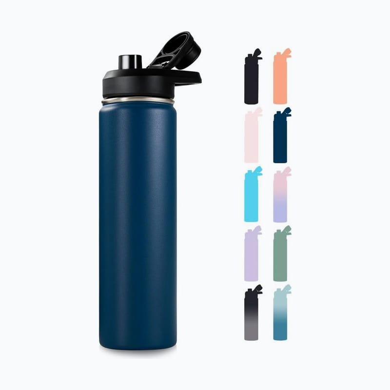 Navy insulated water bottle with a carry handle, beside its color options