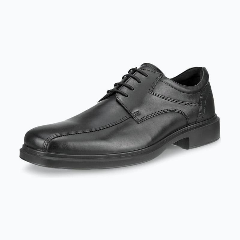 Black leather lace-up dress shoe with a bike-toe seam