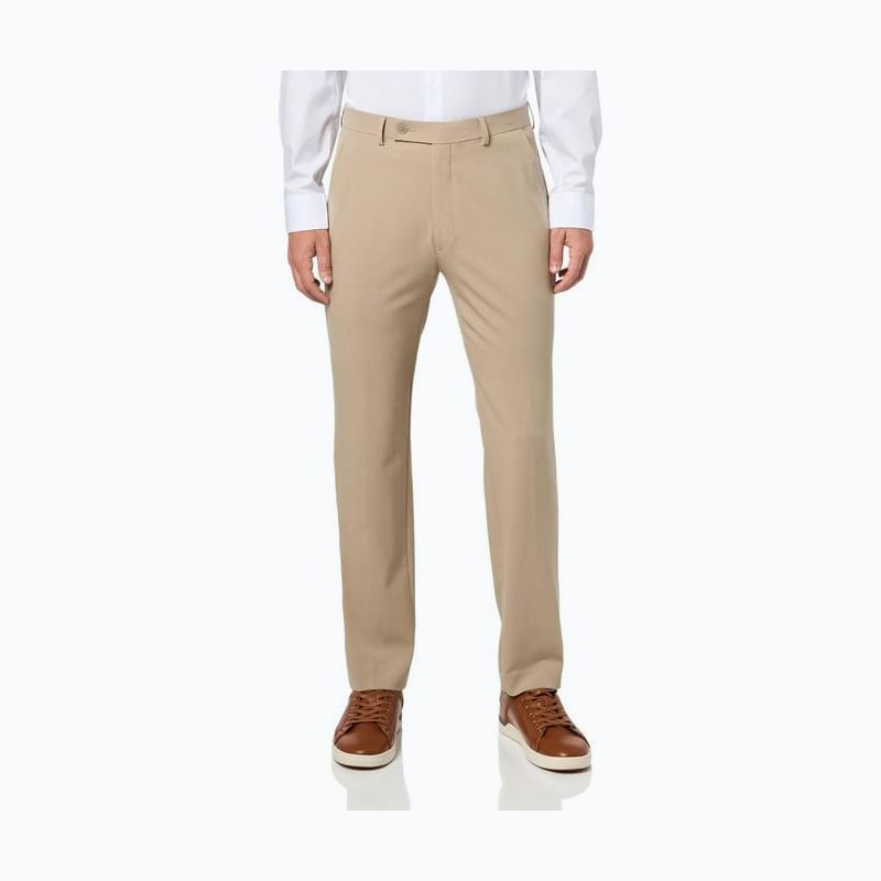 Slim-fit tan dress slacks worn with a white shirt and brown shoes