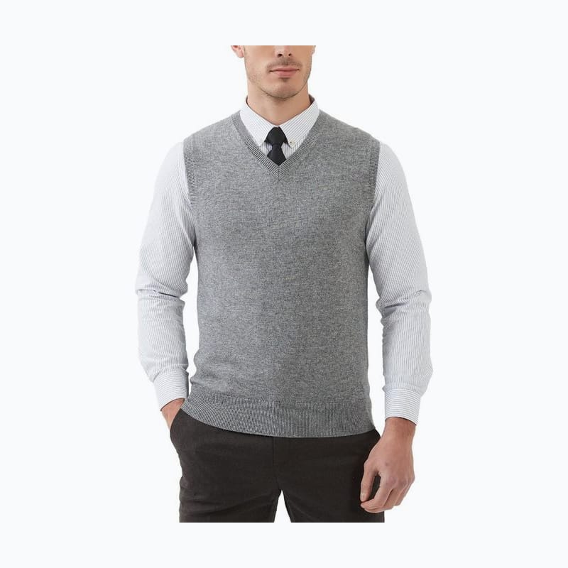 Gray V-neck sweater vest worn over a light blue shirt and dark tie