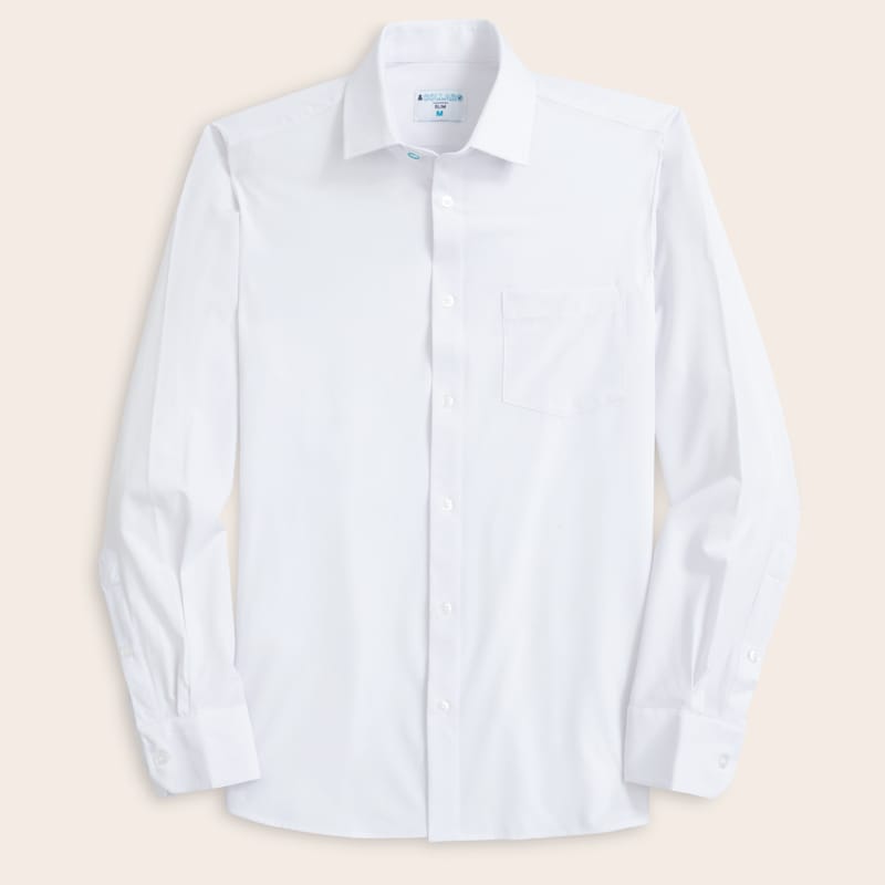 White long-sleeve dress shirt laid flat