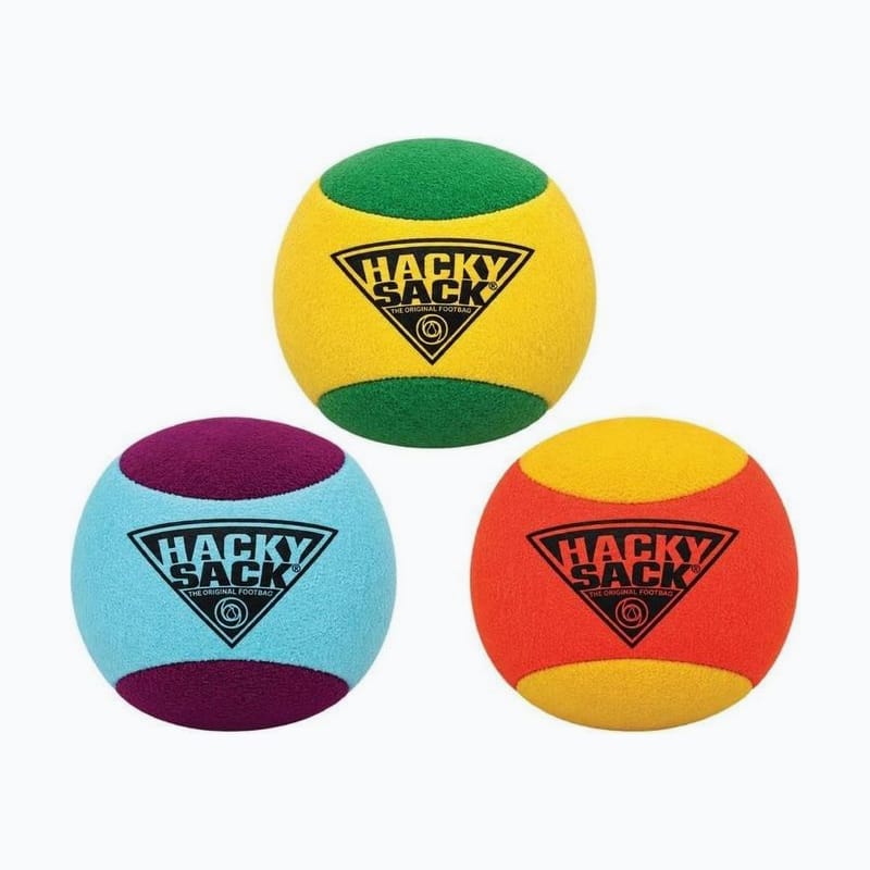 Three hacky sacks in yellow, blue, and orange