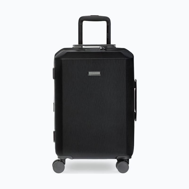 Black hard-shell carry-on spinner with a telescoping handle