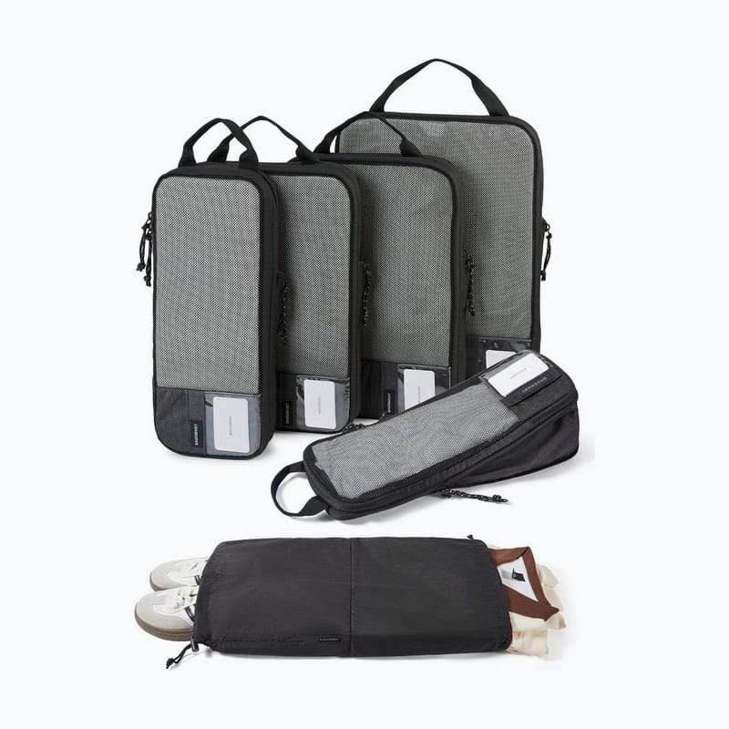 Set of gray mesh compression packing cubes in several sizes