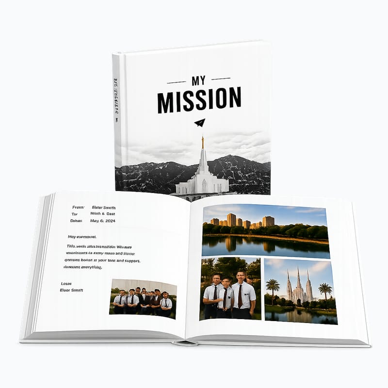 The Hardcover Memory Book, closed and open: a temple on the cover, a weekly email and photos inside