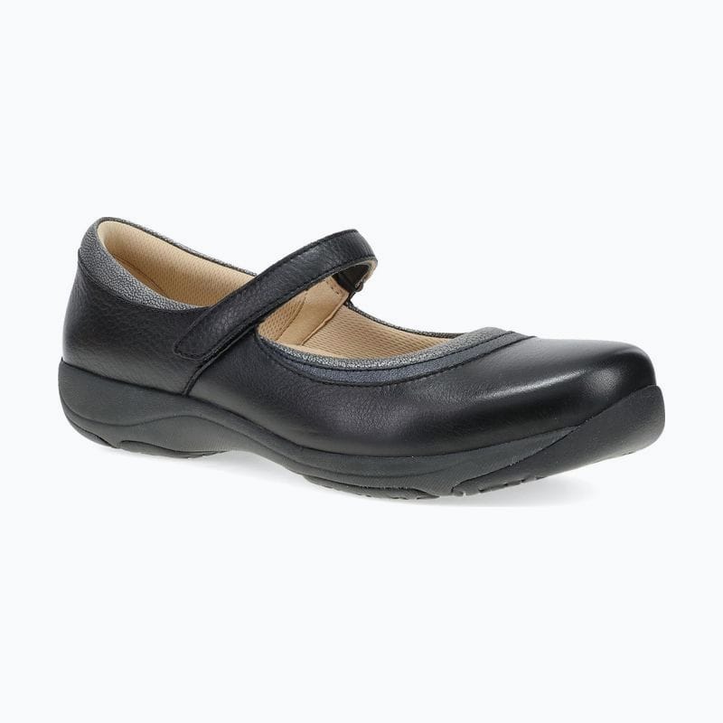 Black leather Mary Jane flat with a buckled strap