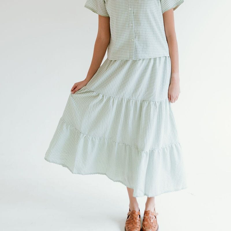 Light green gingham tiered skirt, worn with a matching top