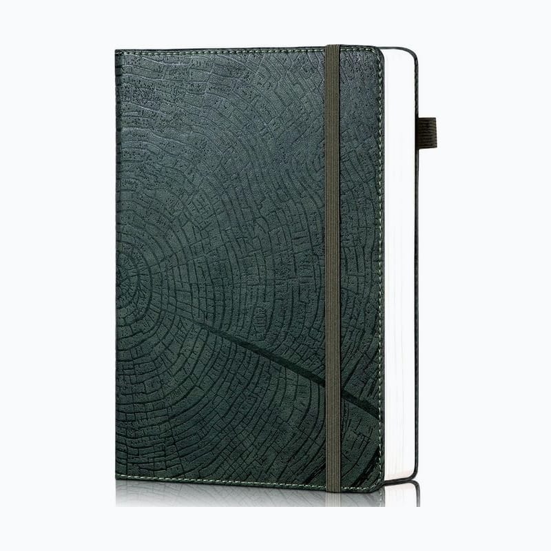 Dark green hardcover journal with a tree-ring pattern and an elastic band