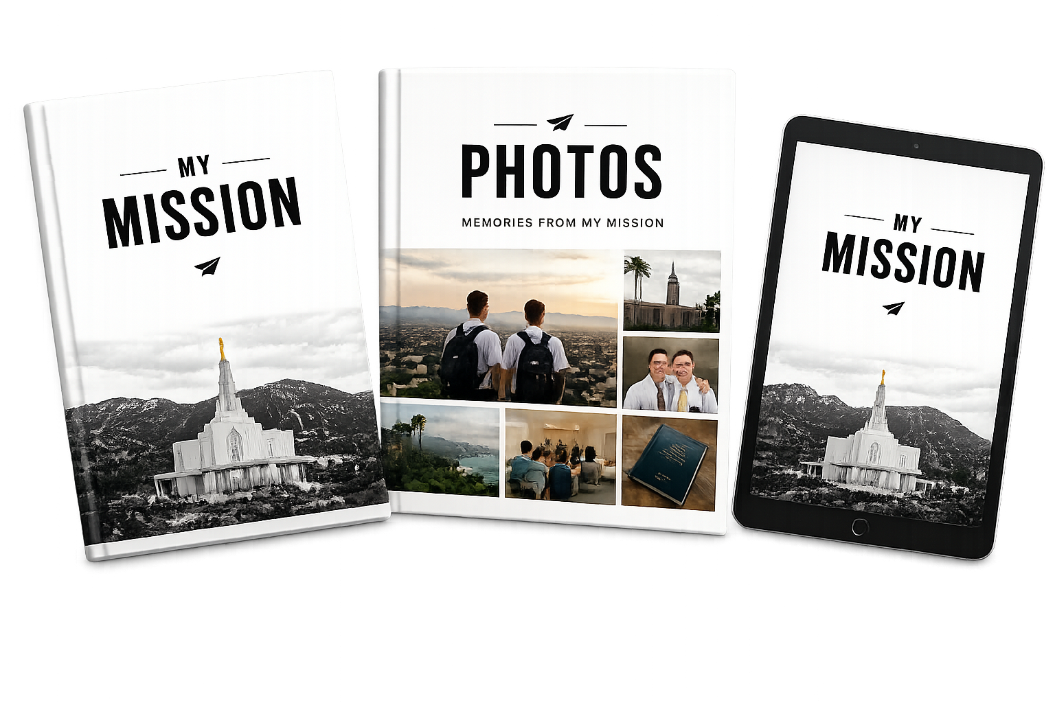 Three keepsakes — a Hardcover Memory Book with a temple cover, a Photo Book titled 'Photos: Memories From My Mission', and the Digital Memory Book on a tablet.